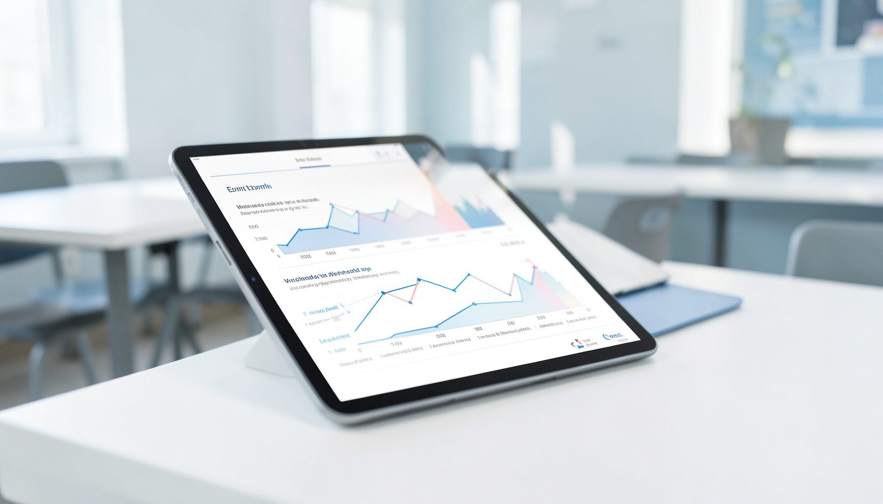 Digital tablet displaying charts and text in a modern classroom setting, with clean whites and muted blues