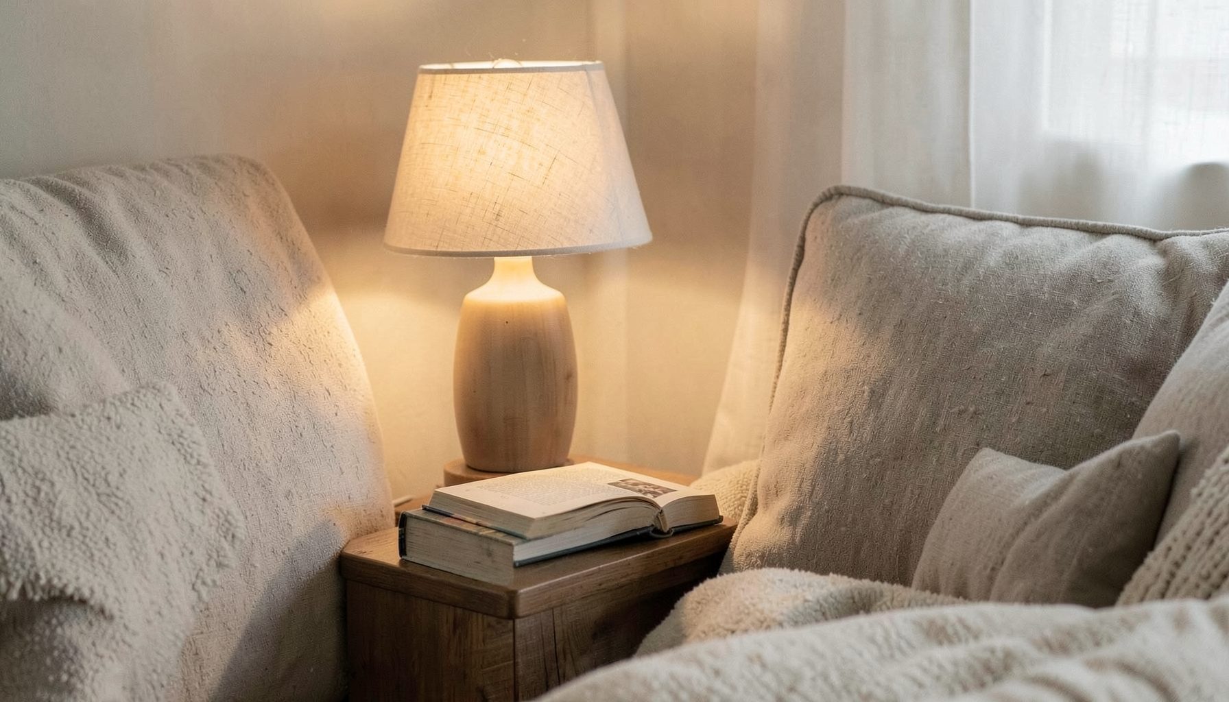 A cozy living room corner with a warm lamp, evoking family and lifestyle content