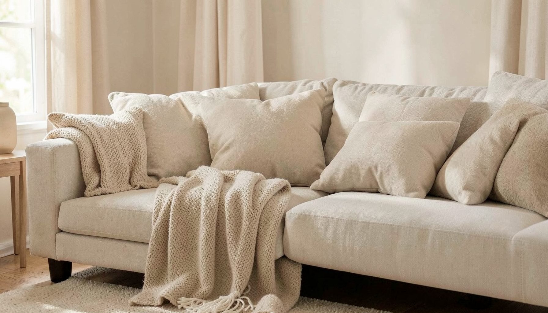 Warm interior scene with soft natural light, neutral beige and cream tones, a comfortable living space with cushions and gentle home atmosphere