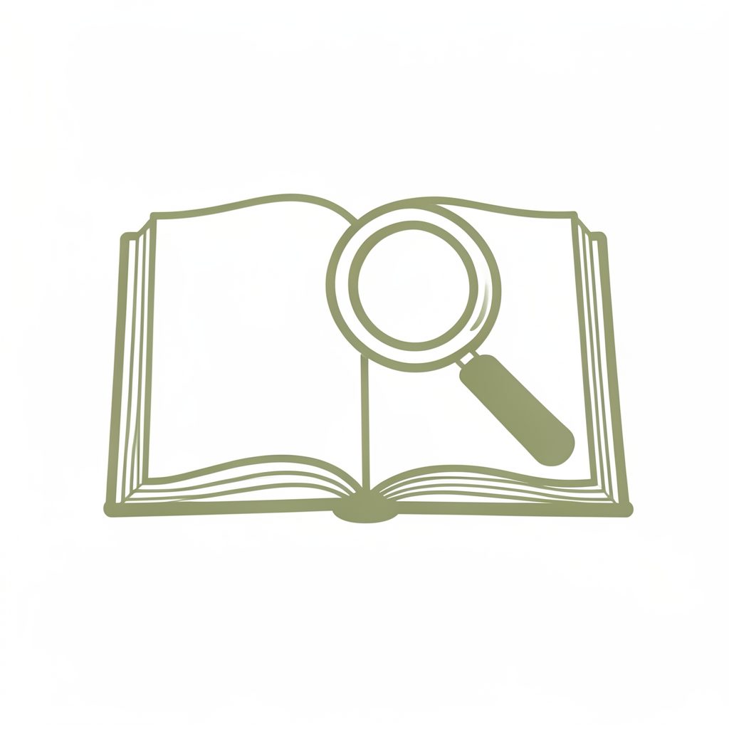 Open book with magnifying glass in muted olive green, suggesting directory and reference content