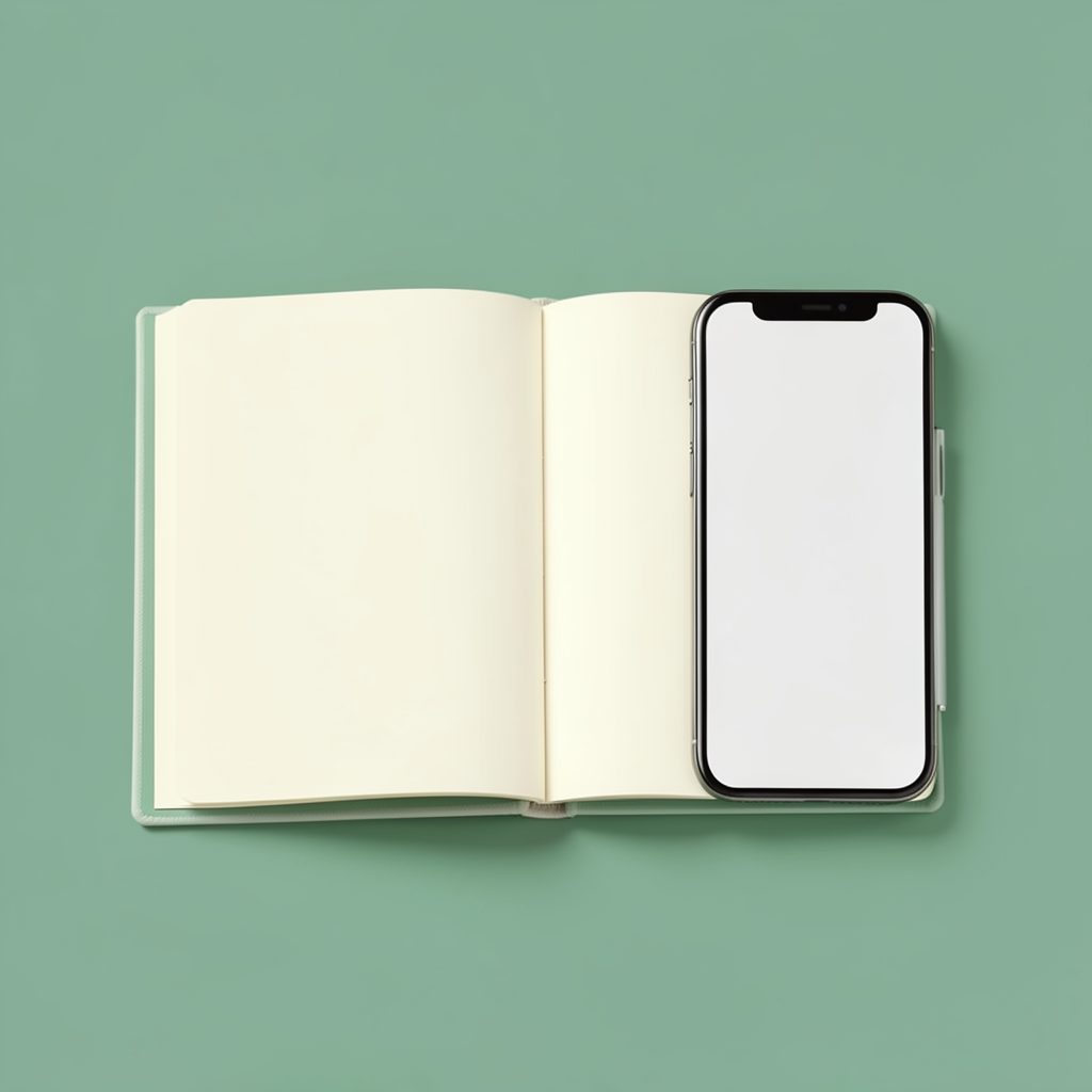 A calm flat illustration of an open notebook and a smartphone on a green desk, done in soft green and cream tones, suggesting organized information and everyday research.