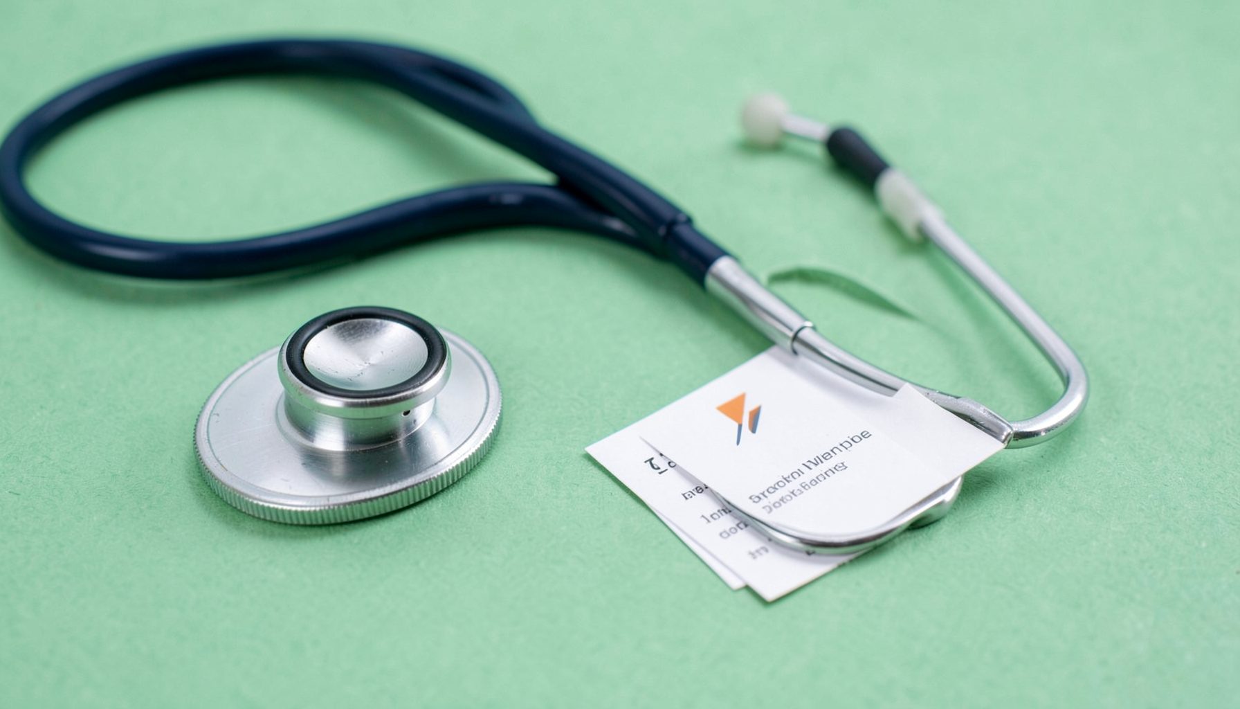 Stethoscope and card on a soft green surface, representing healthcare directories