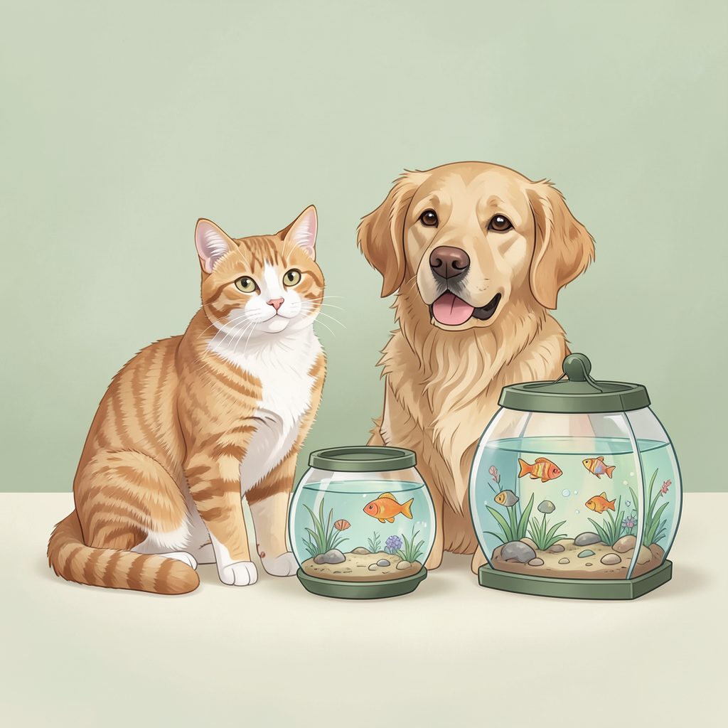 A calm illustration of a cat, a dog, and a small fish tank together in soft green and cream tones, giving a friendly and welcoming pet-care mood