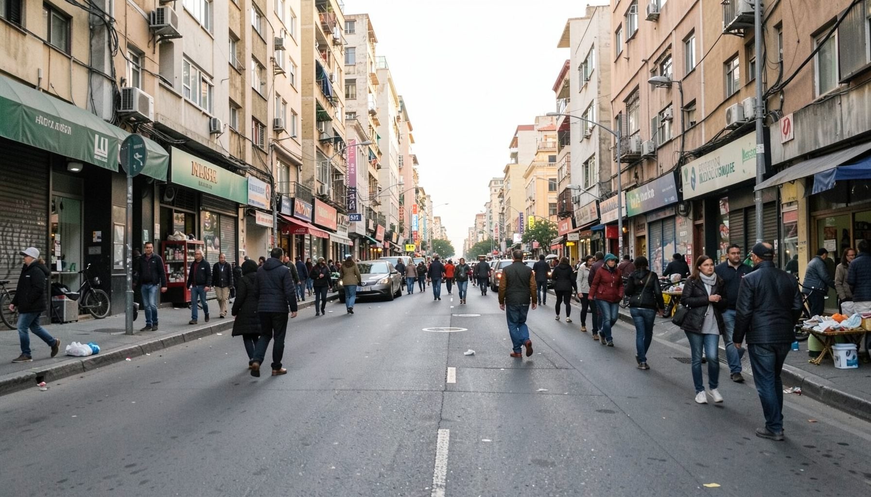 A busy city street in soft morning light with muted concrete tones and hints of green signage